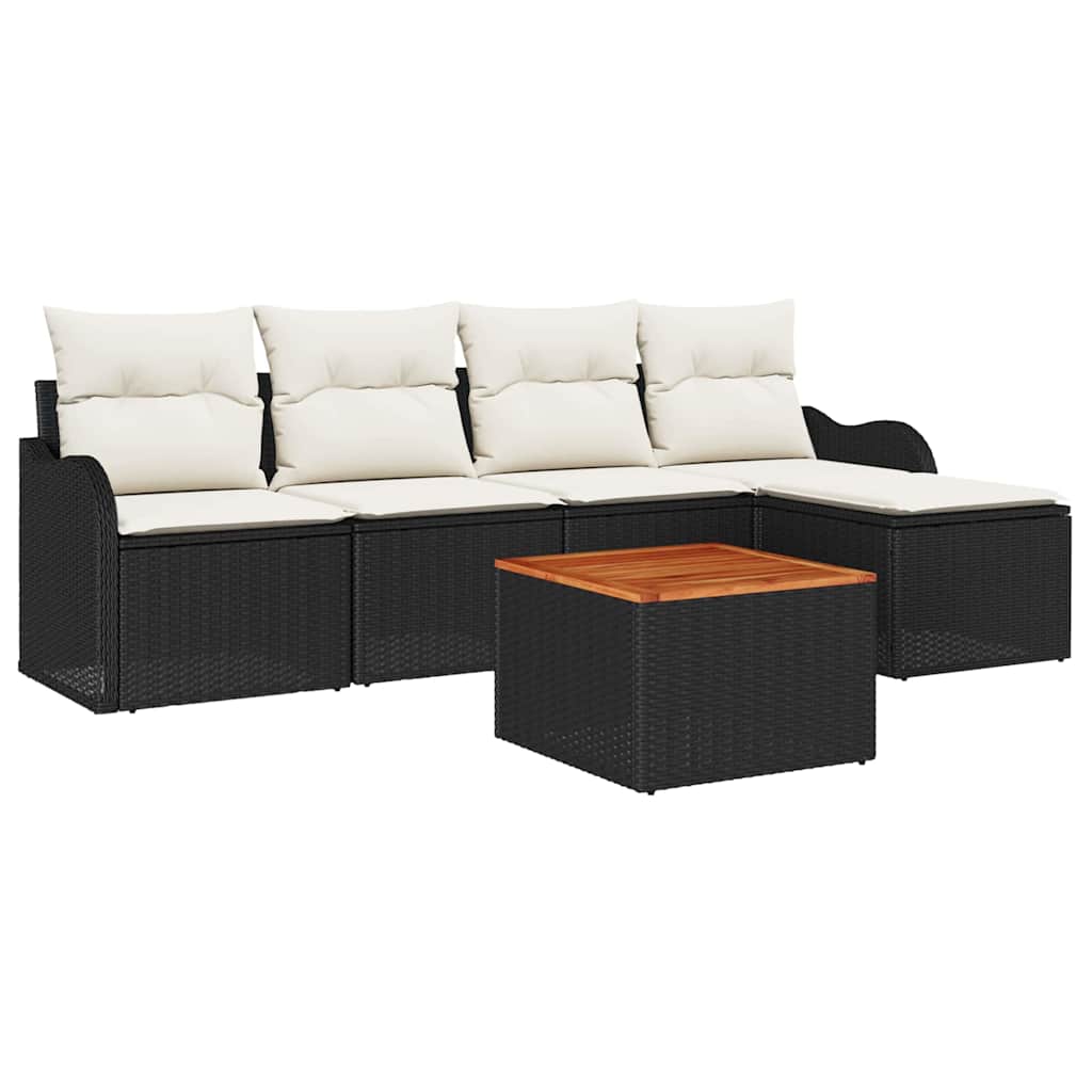 Havesofa Sæt med pude 6 pcs Sort polyrattan