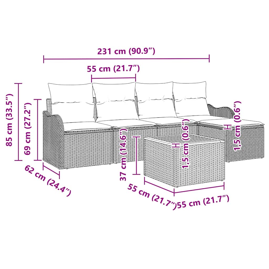 Havesofa Sæt med pude 6 pcs Sort polyrattan