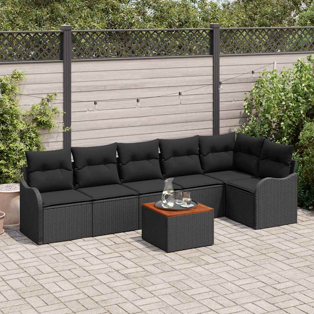 Havesofa Sæt med pude 7 pcs Sort polyrattan