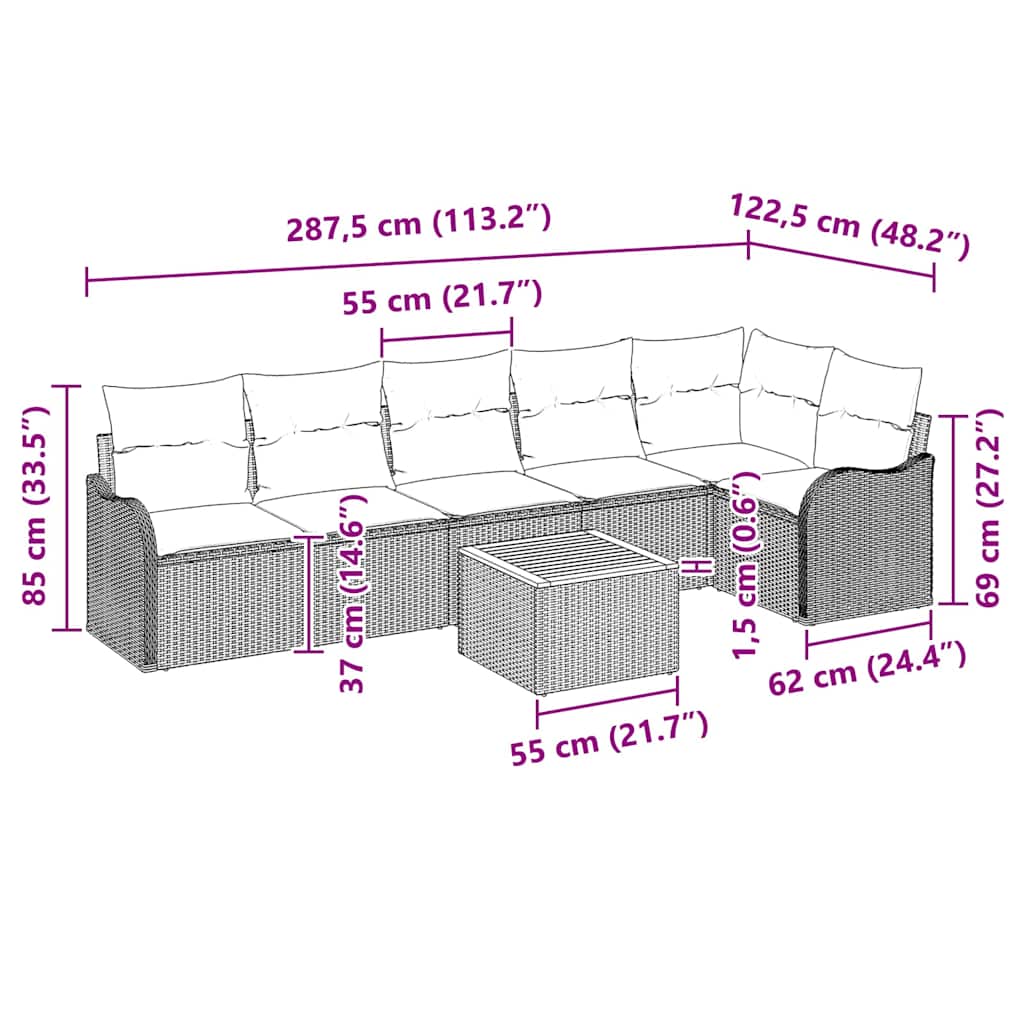 Havesofa Sæt med pude 7 pcs Sort polyrattan