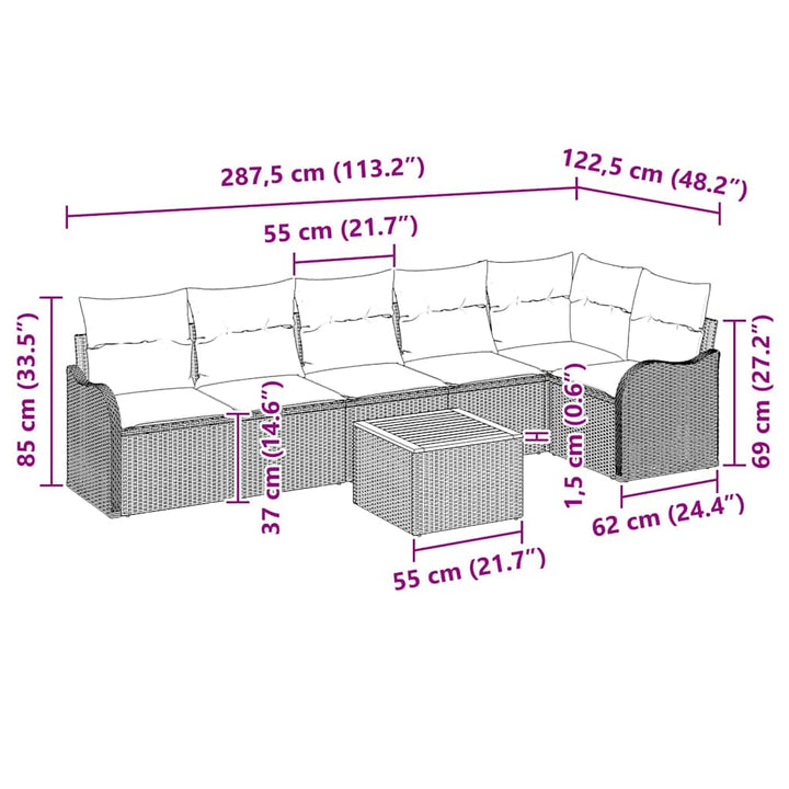 Havesofa Sæt med pude 7 pcs Sort polyrattan