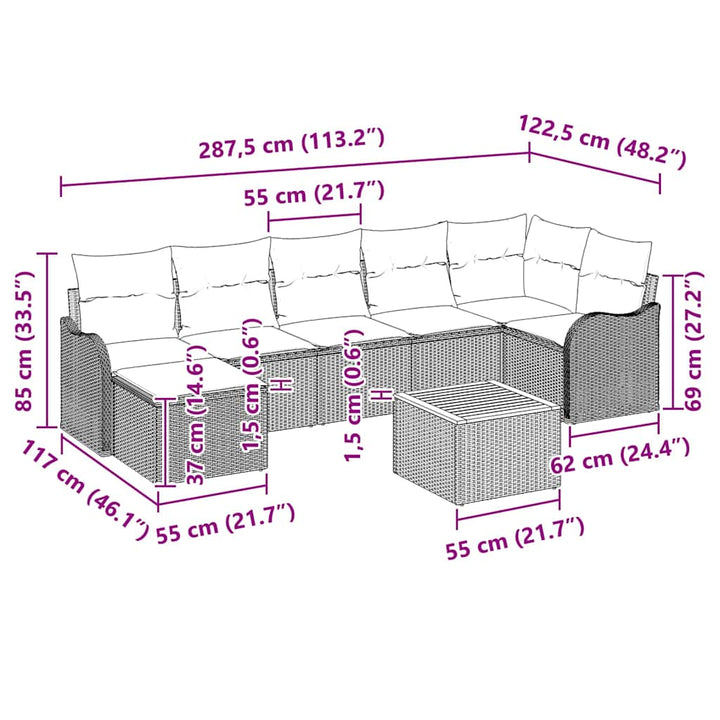 Havesofa Sæt med pude 8 pcs Sort polyrattan
