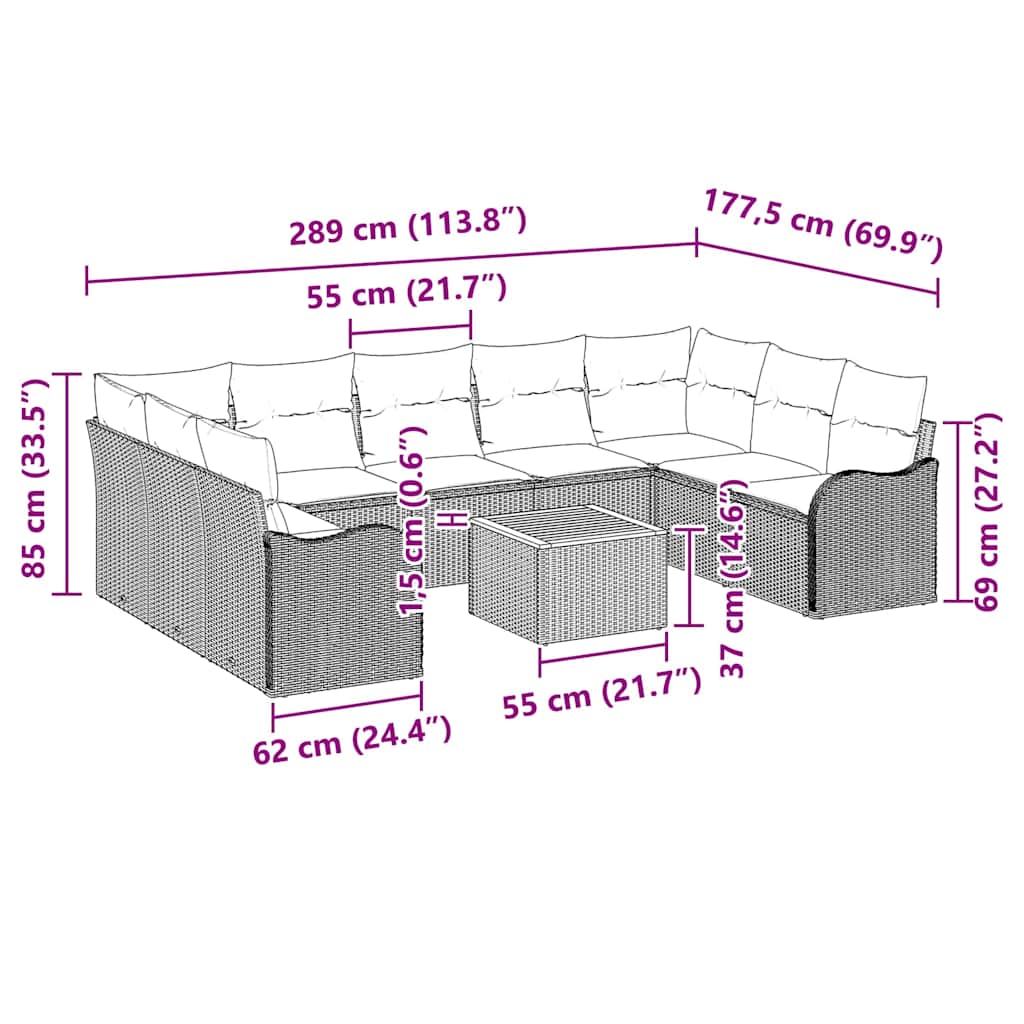 Havesofa Sæt med pude 10 pcs Beige polyrattan