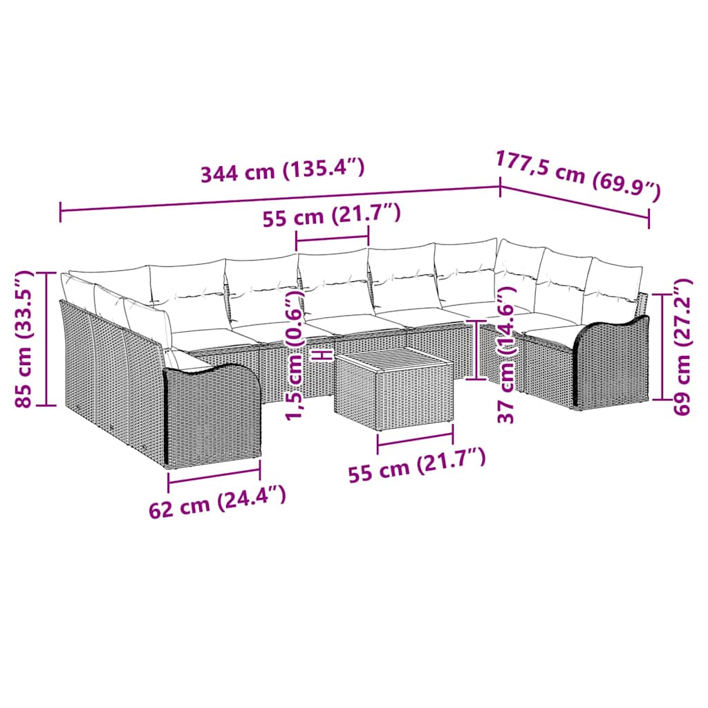 Havesofa Sæt med pude 11 pcs Beige polyrattan