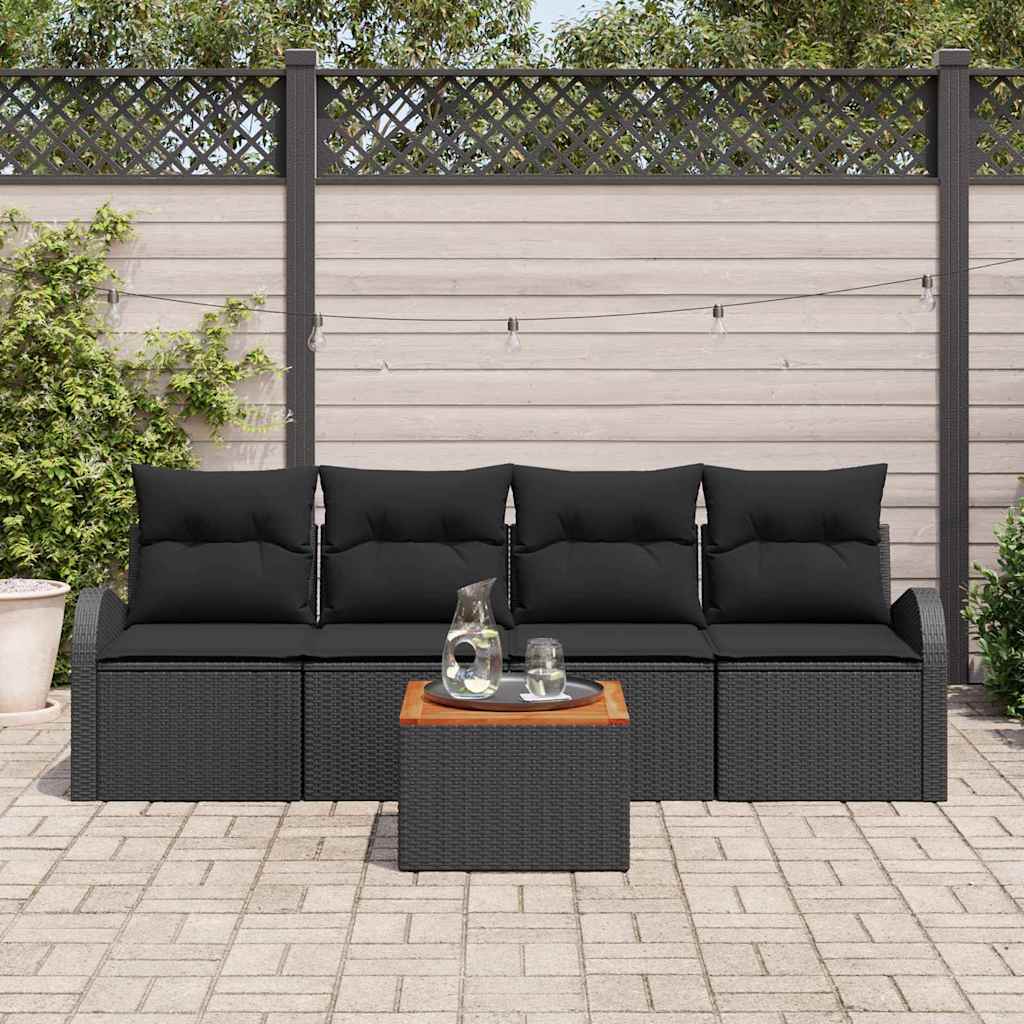 Havesofa Sæt med pude 5 pcs Sort polyrattan