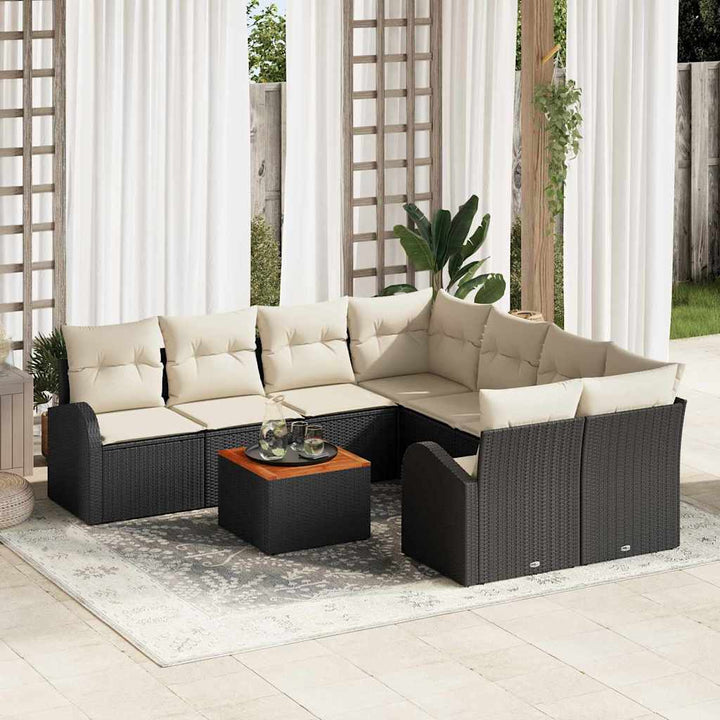 Havesofa Sæt med pude 9 pcs Sort polyrattan