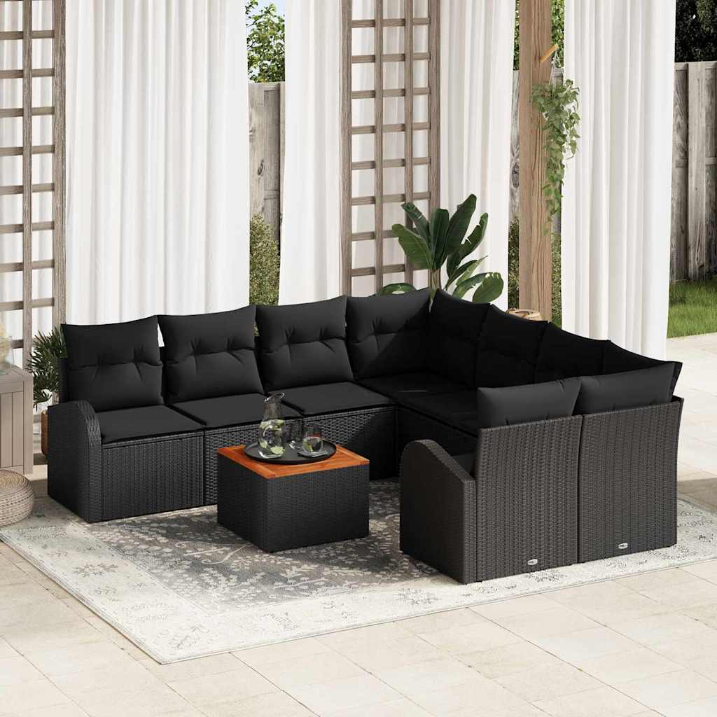 Havesofa Sæt med pude 9 pcs Sort polyrattan