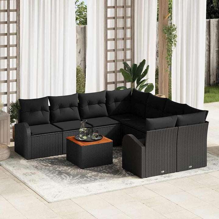 Havesofa Sæt med pude 9 pcs Sort polyrattan