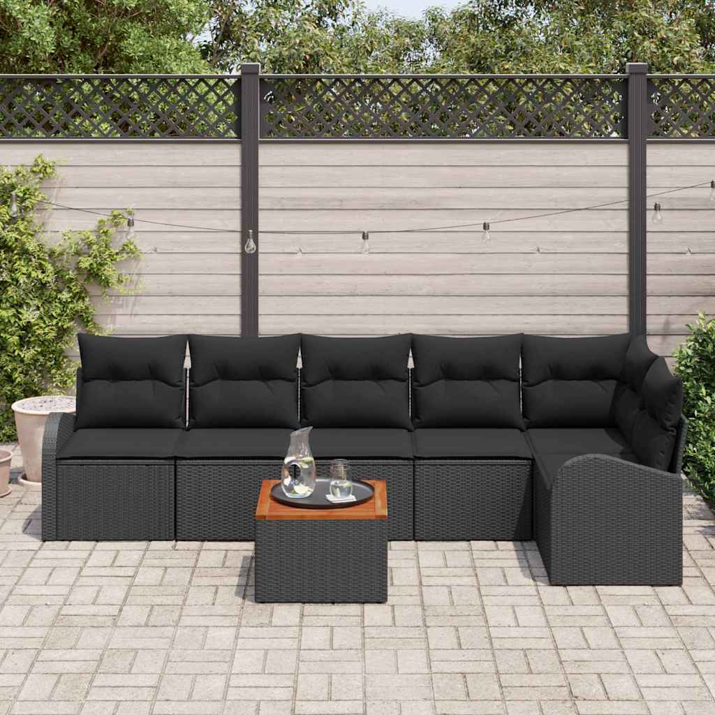 Havesofa Sæt med pude 7 pcs Sort polyrattan