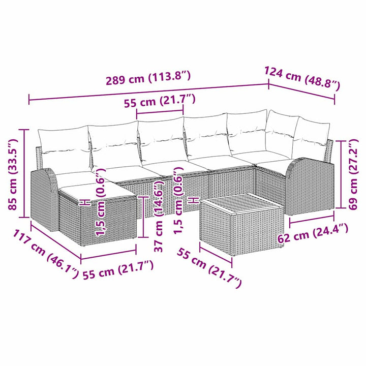Havesofa Sæt med pude 8 pcs Sort polyrattan
