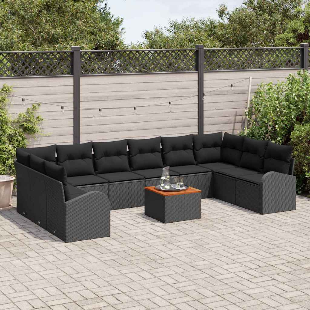 Havesofa Sæt med pude 11 pcs Sort polyrattan