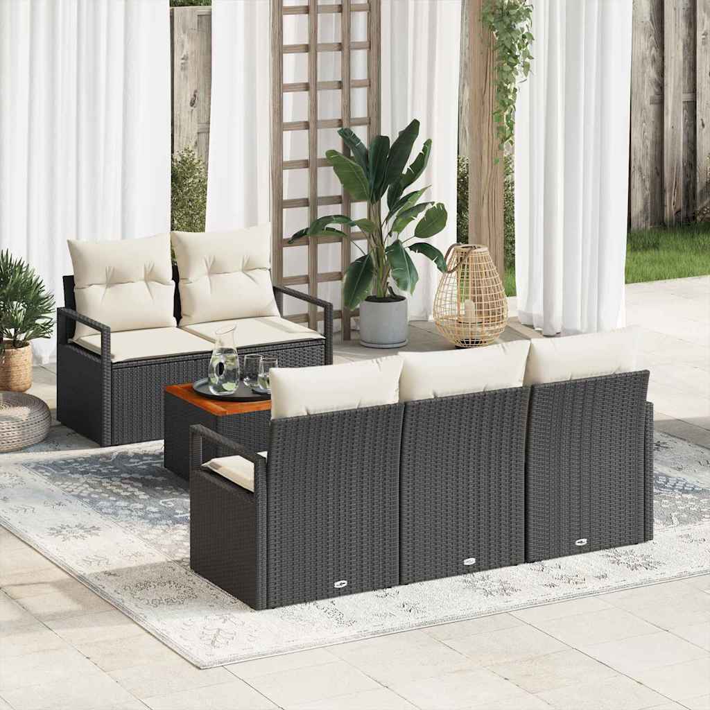 Havesofa Sæt med pude 6 pcs Sort polyrattan