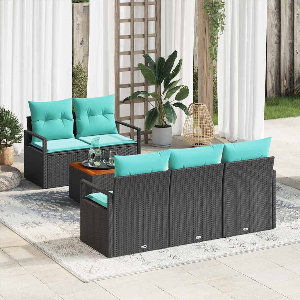 Havesofa Sæt med pude 6 pcs Sort polyrattan