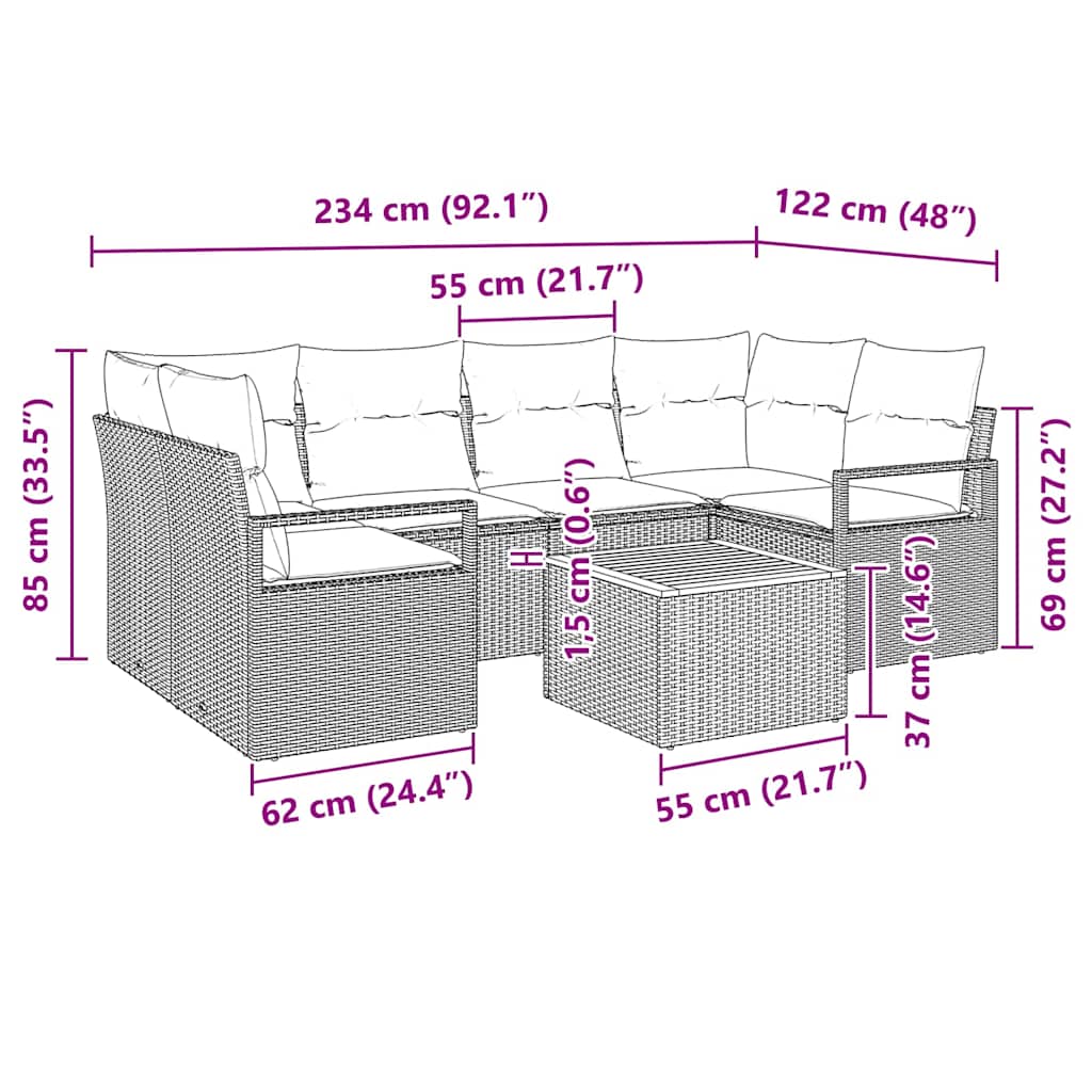 Havesofa Sæt med pude 7 pcs Grå polyrattan