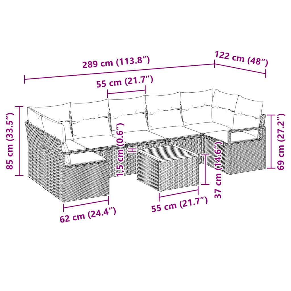 Havesofa Sæt 8 stk. Sort polyrattan