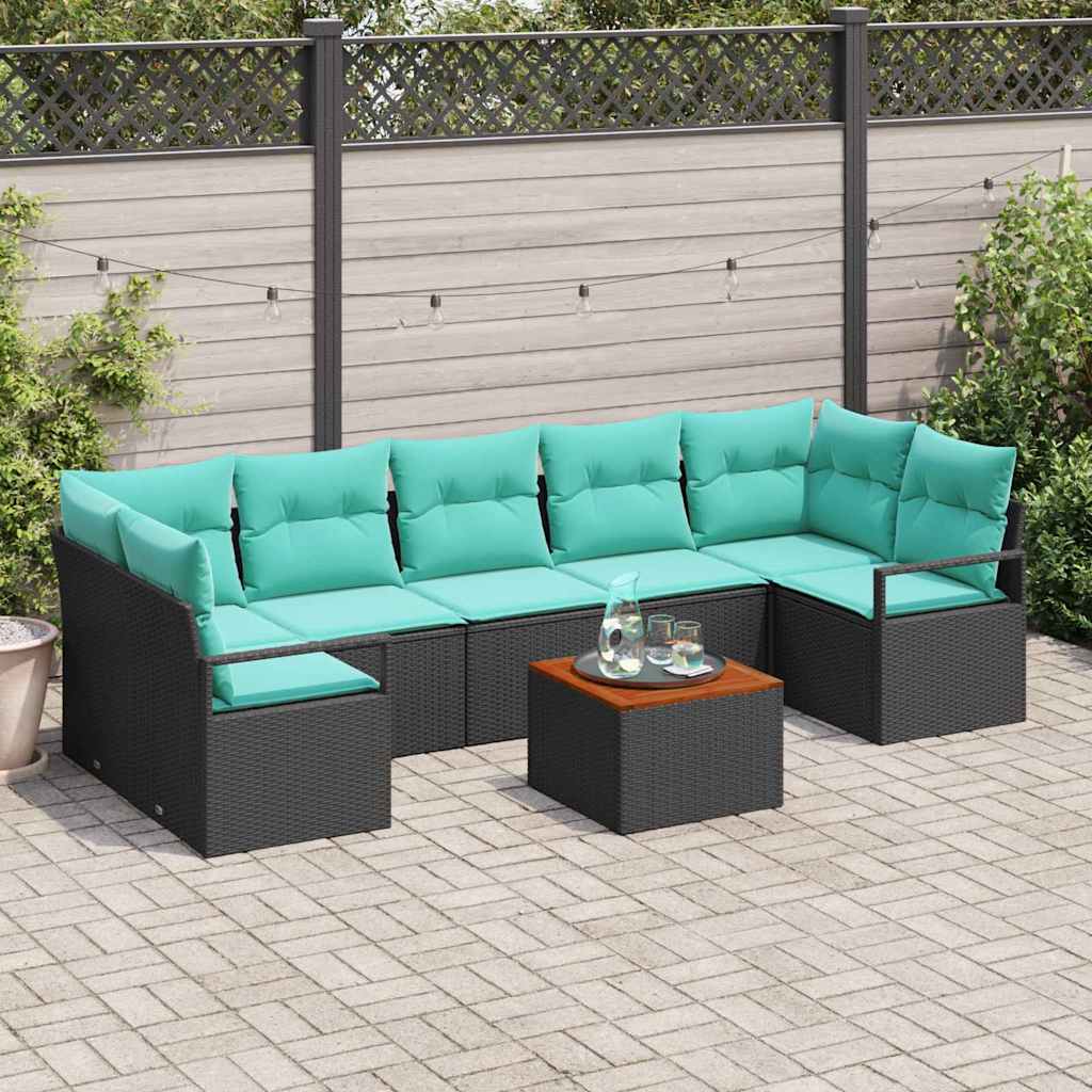 Havesofa Sæt med pude 8 pcs Sort polyrattan