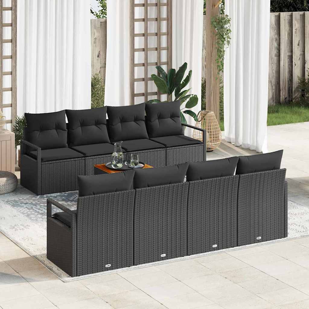 Havesofa Sæt med pude 9 pcs Sort polyrattan