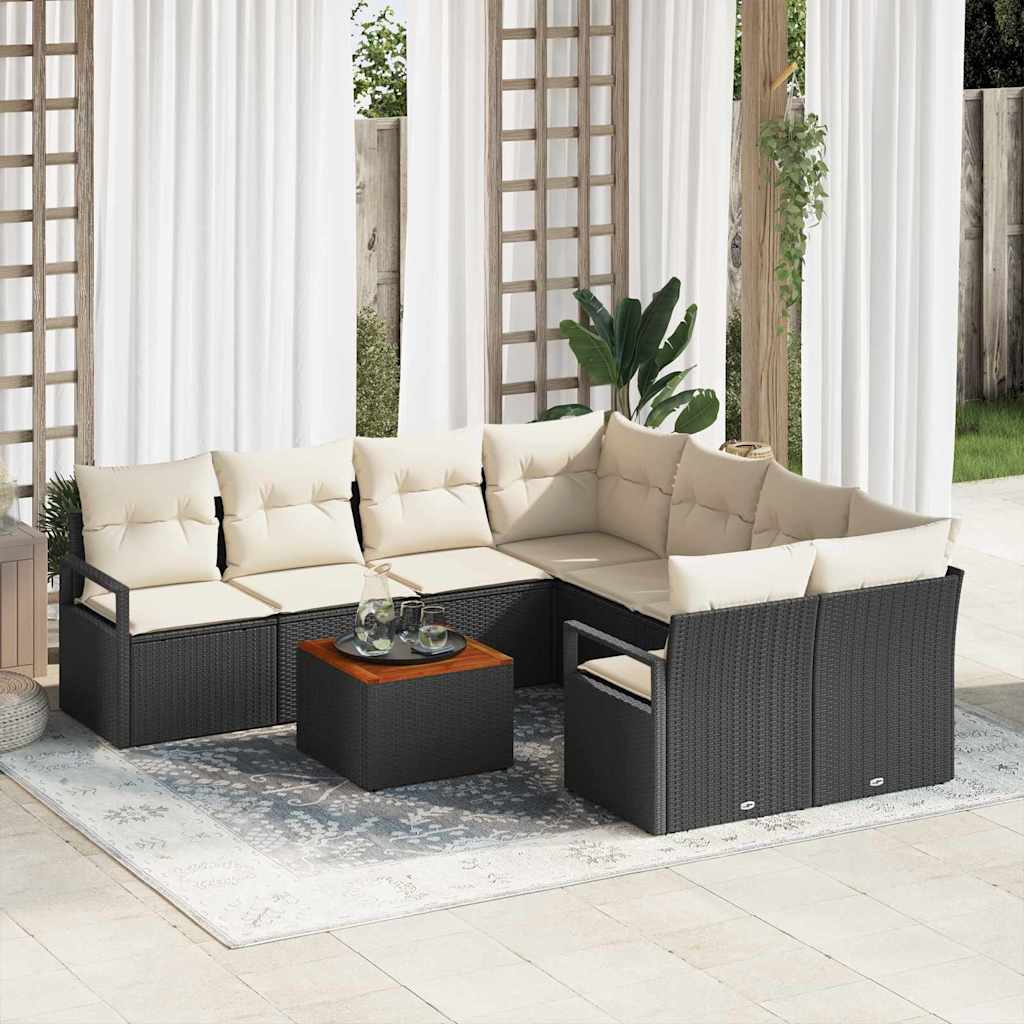 Havesofa Sæt med pude 9 pcs Sort polyrattan