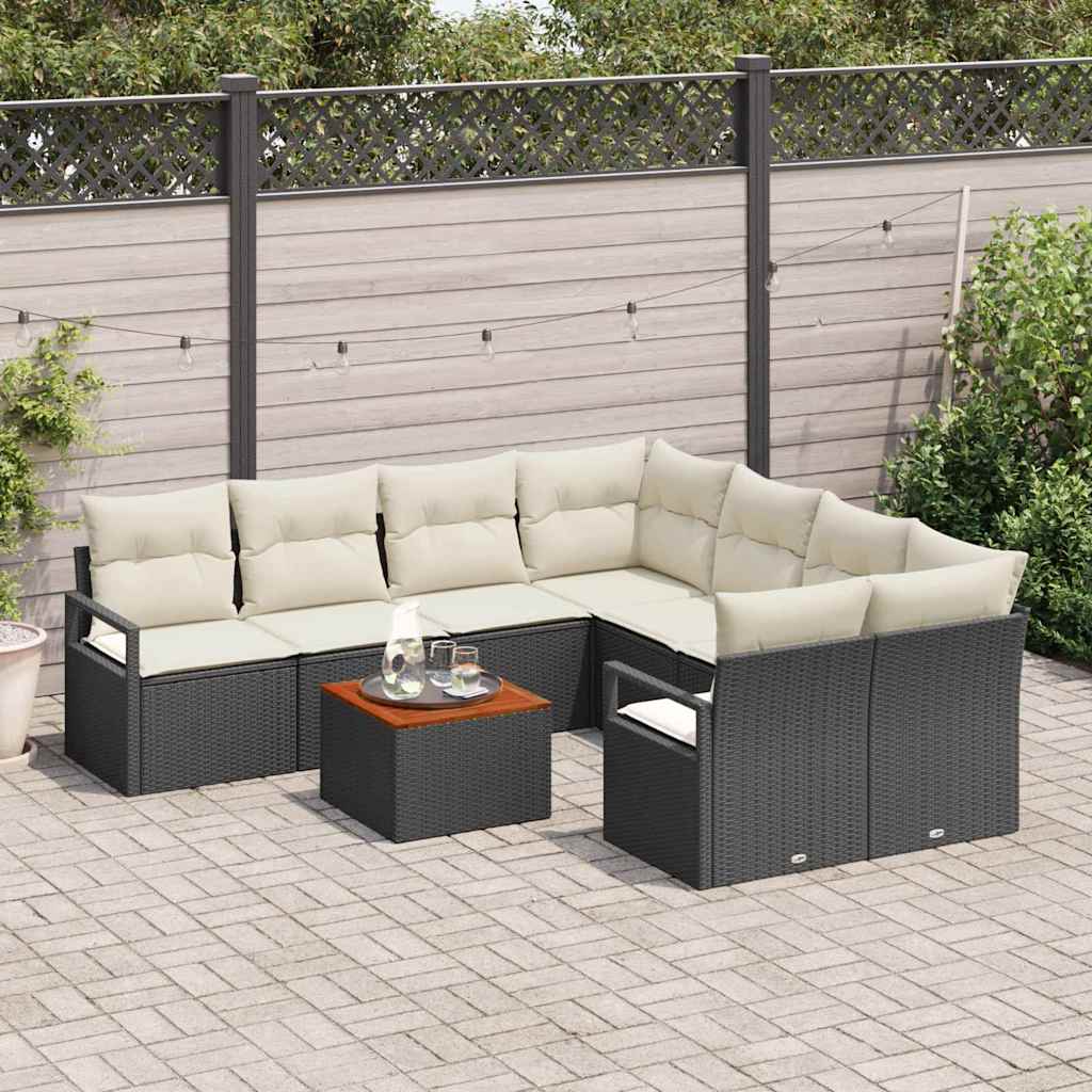 Havesofa Sæt med pude 9 pcs Sort polyrattan