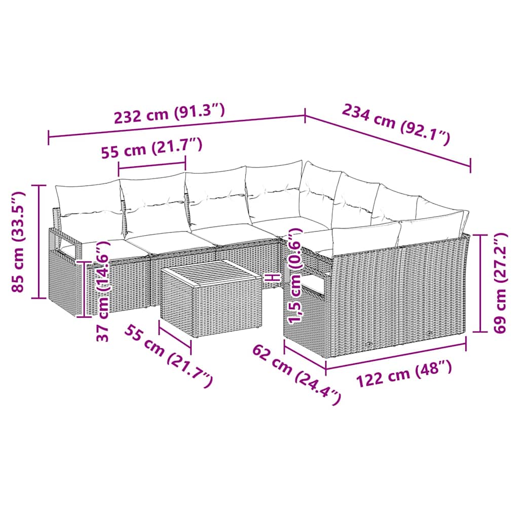 Havesofa Sæt med pude 9 pcs Beige polyrattan