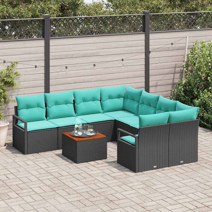 Havesofa Sæt med pude 9 pcs Sort polyrattan