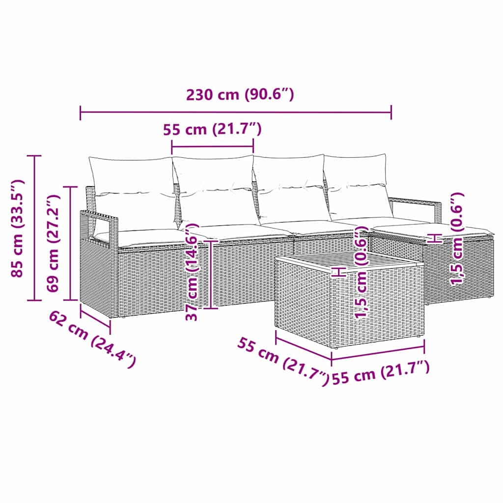 Havesofa Sæt med pude 6 pcs Sort polyrattan