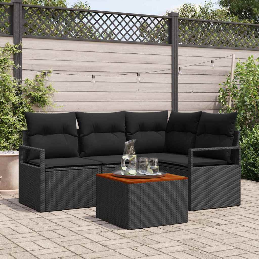 Havesofa Sæt med pude 5 pcs Sort polyrattan