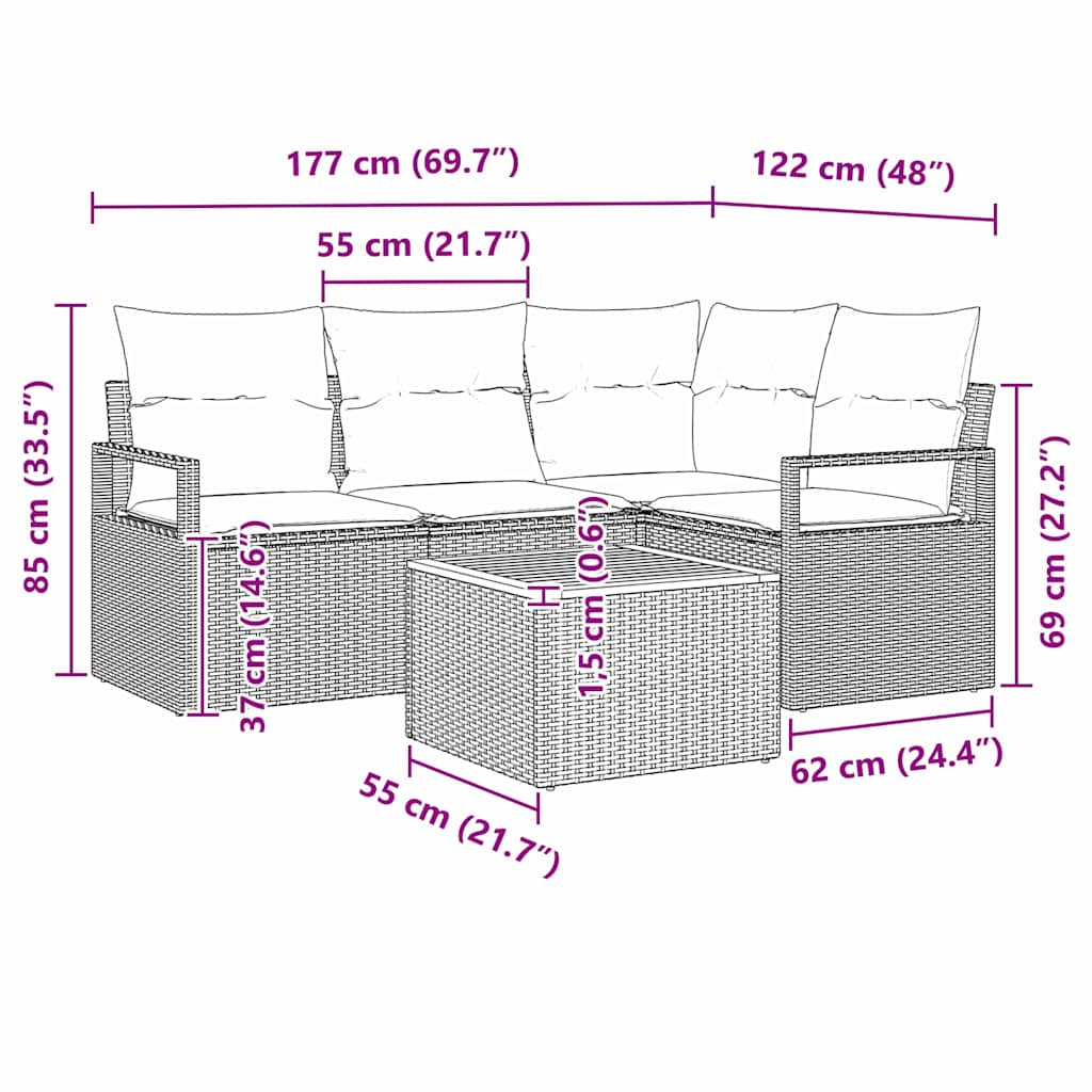 Havesofa Sæt med pude 5 pcs Sort polyrattan