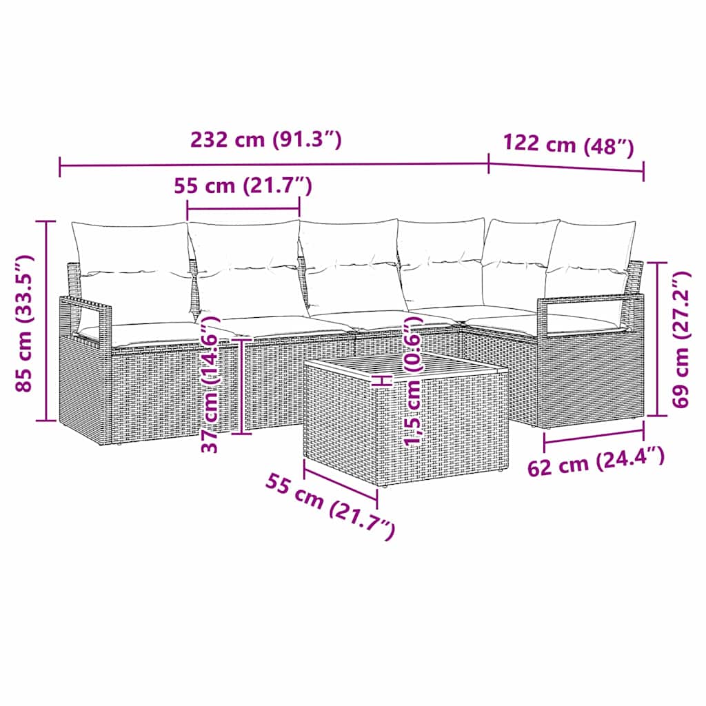 Havesofa Sæt 6 stk. Sort polyrattan