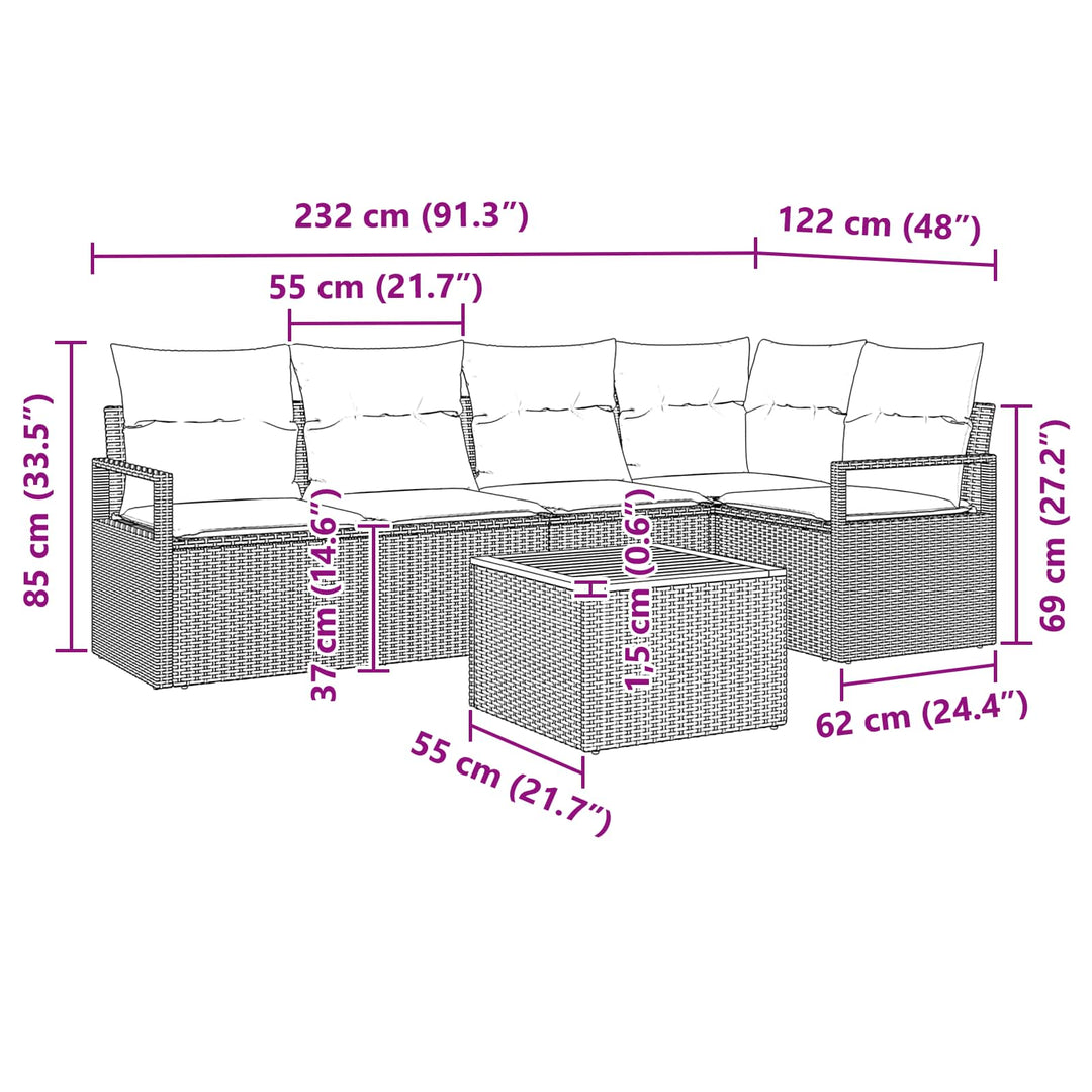 Havesofa Sæt med pude 6 pcs Grå polyrattan