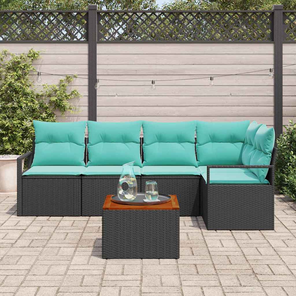 Havesofa Sæt med pude 6 pcs Sort polyrattan