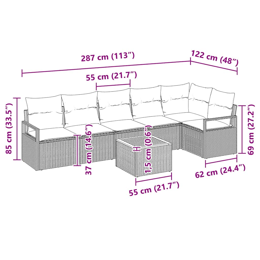 Havesofa Sæt med pude 7 pcs Grå polyrattan