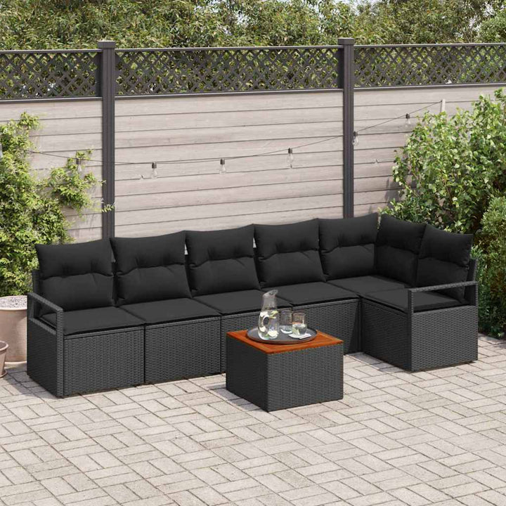 Havesofa Sæt med pude 7 pcs Sort polyrattan