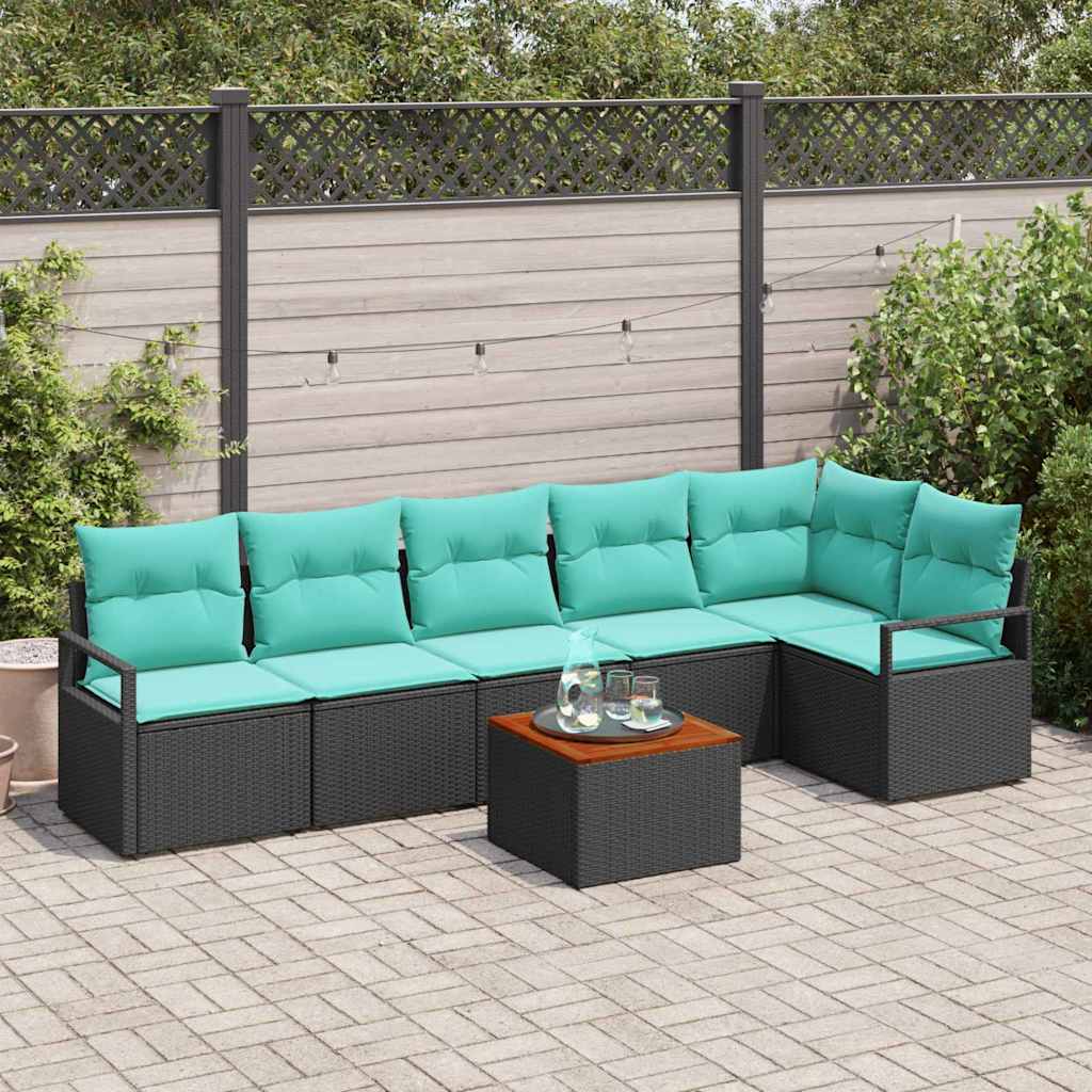 Havesofa Sæt med pude 7 pcs Sort polyrattan