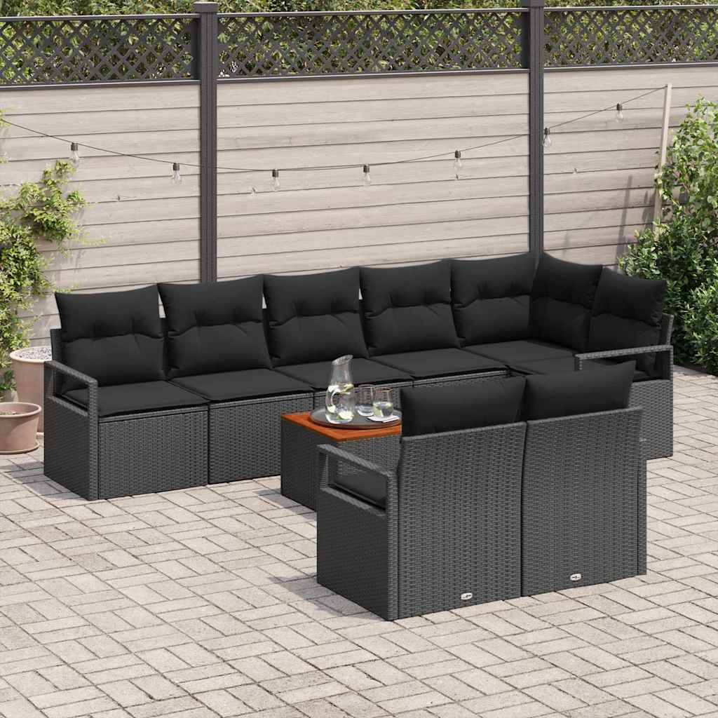 Havesofa Sæt med pude 9 pcs Sort polyrattan