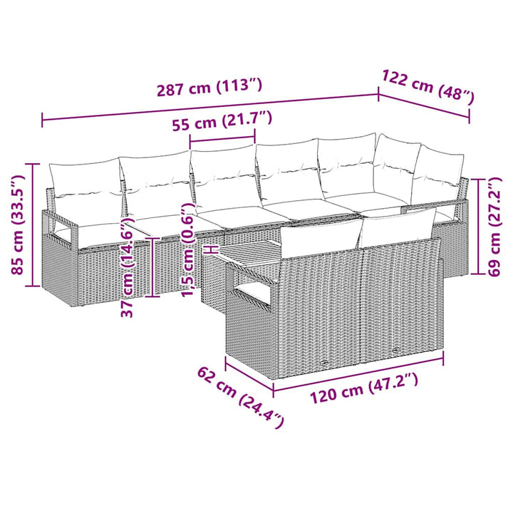 Havesofa Sæt med pude 9 pcs Sort polyrattan