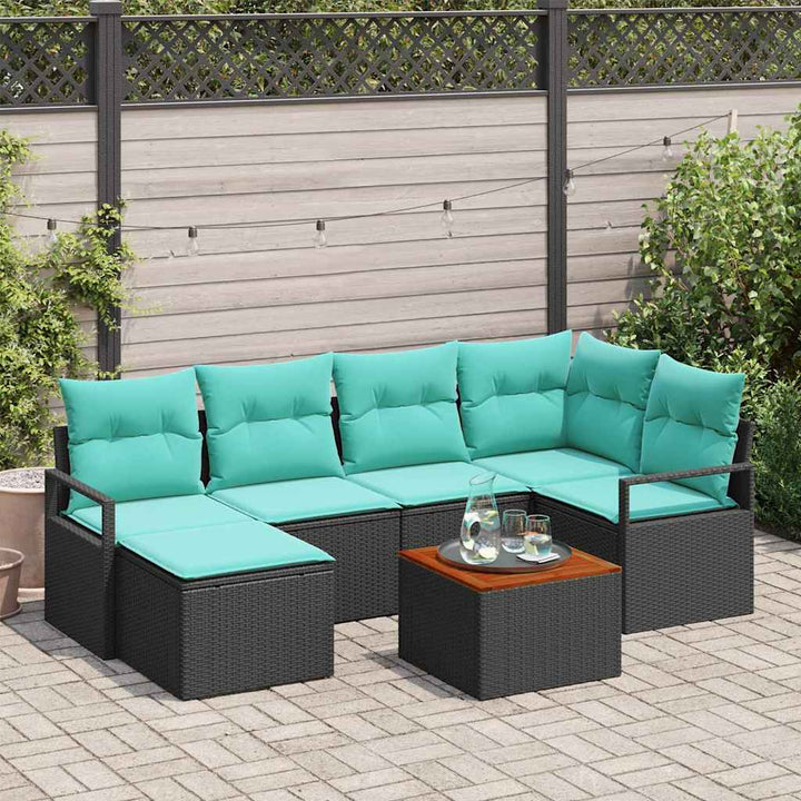 Havesofa Sæt med pude 7 pcs Sort polyrattan