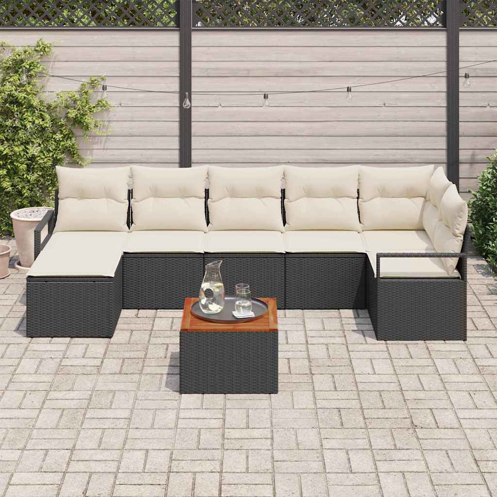 Havesofa Sæt med pude 8 pcs Sort polyrattan