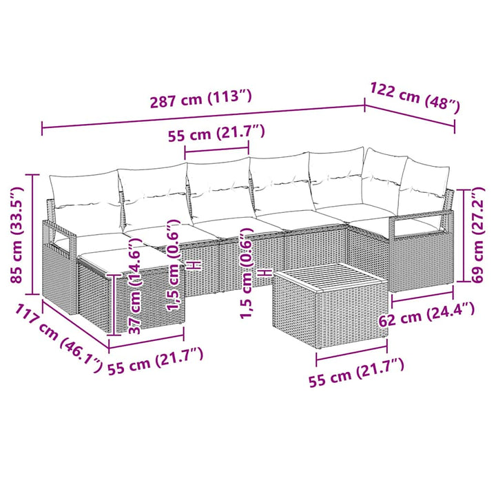 Havesofa Sæt med pude 8 pcs Beige polyrattan