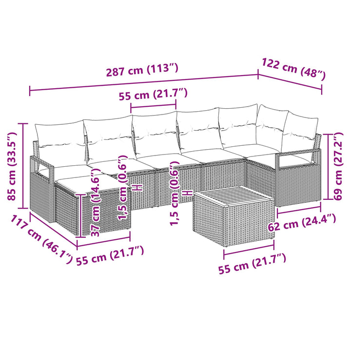 Havesofa Sæt med pude 8 pcs Grå polyrattan