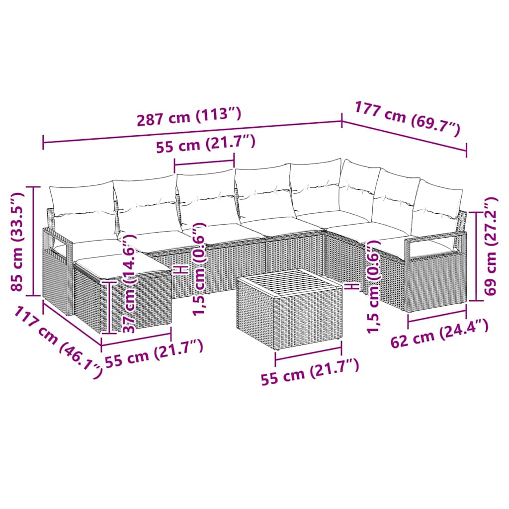 Havesofa Sæt med pude 9 pcs Sort polyrattan
