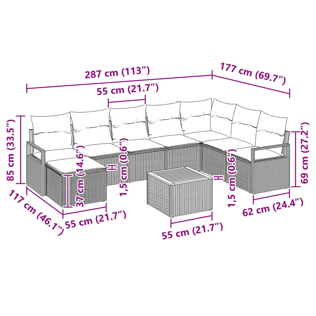 Havesofa Sæt med pude 9 pcs Sort polyrattan