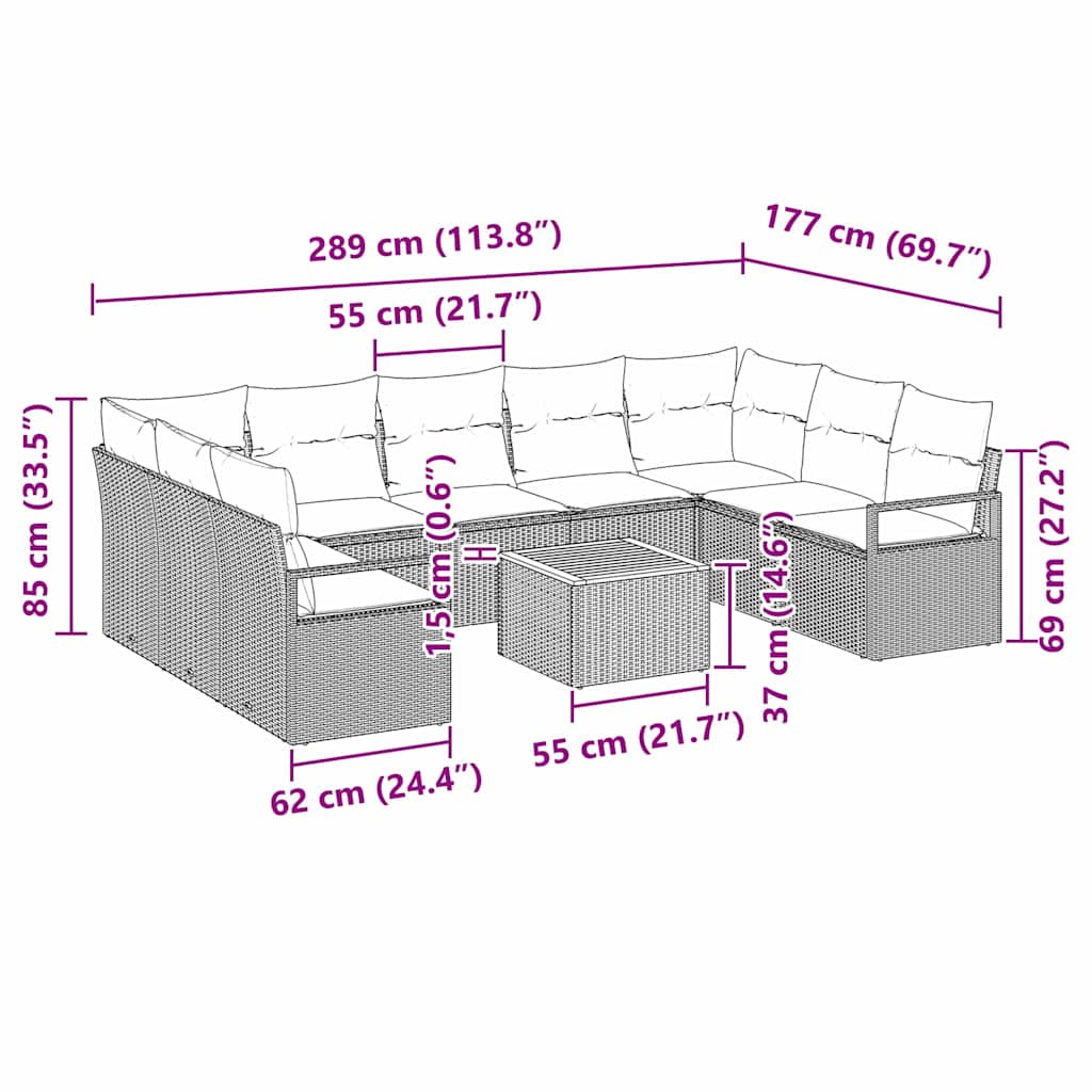 Havesofa Sæt med pude 10 pcs Sort polyrattan