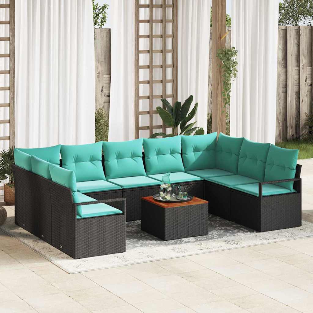 Havesofa Sæt med pude 10 pcs Sort polyrattan