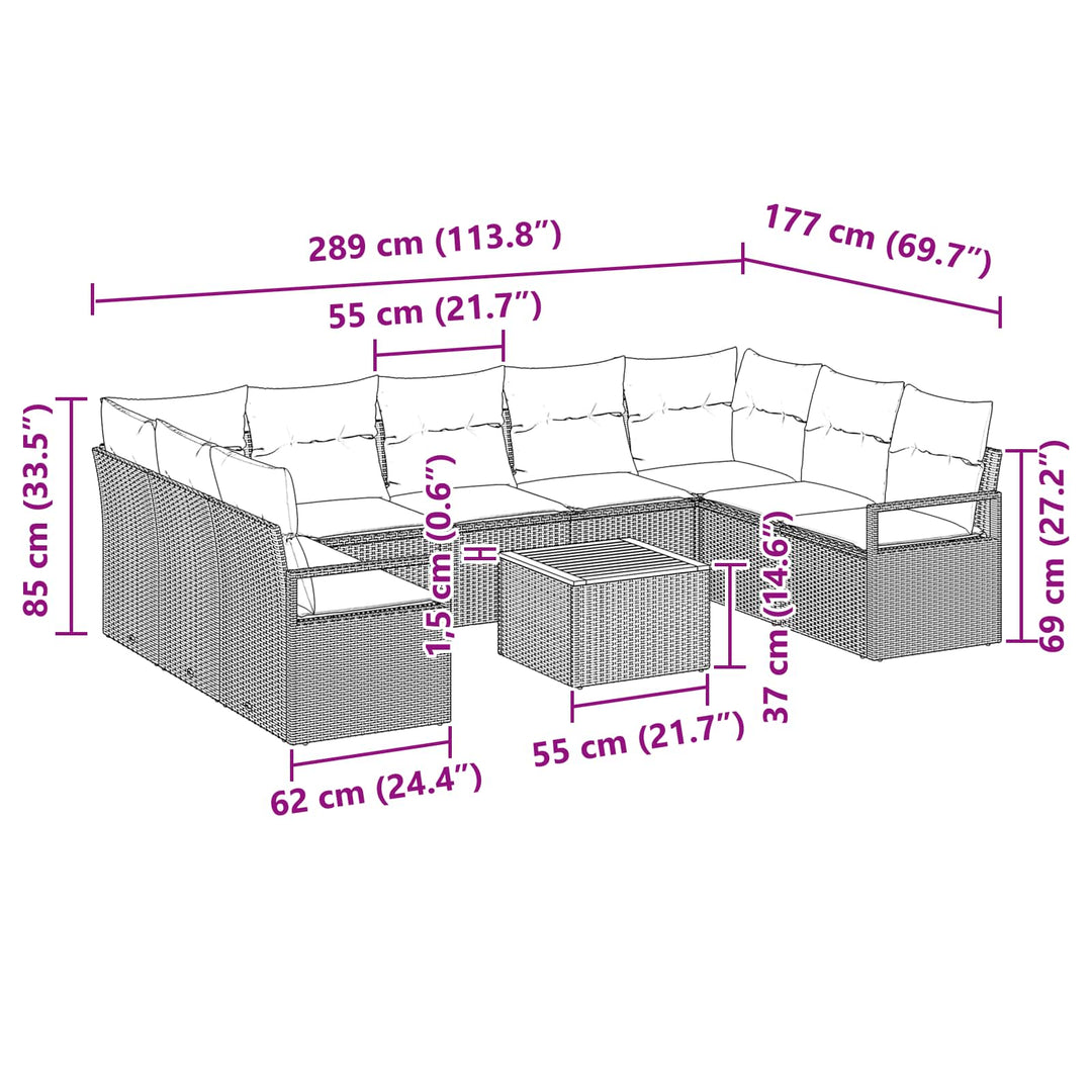 Havesofa Sæt med pude 10 pcs Sort polyrattan