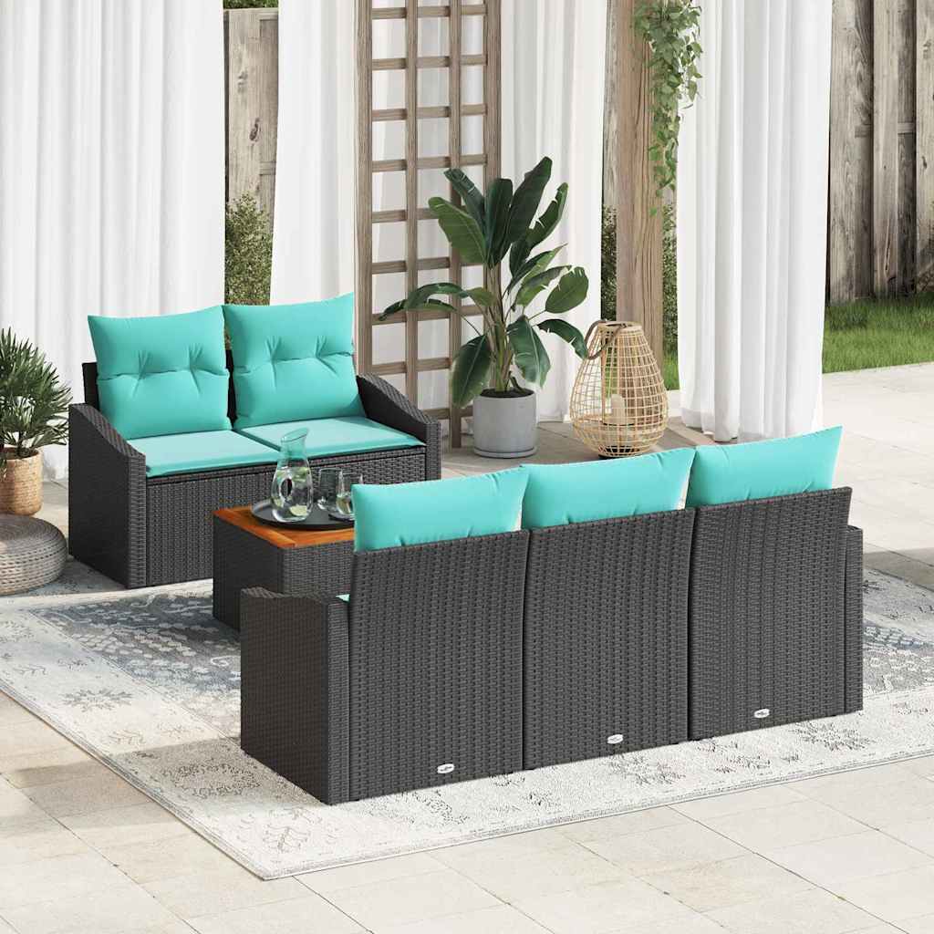 Havesofa Sæt med pude 6 pcs Sort polyrattan