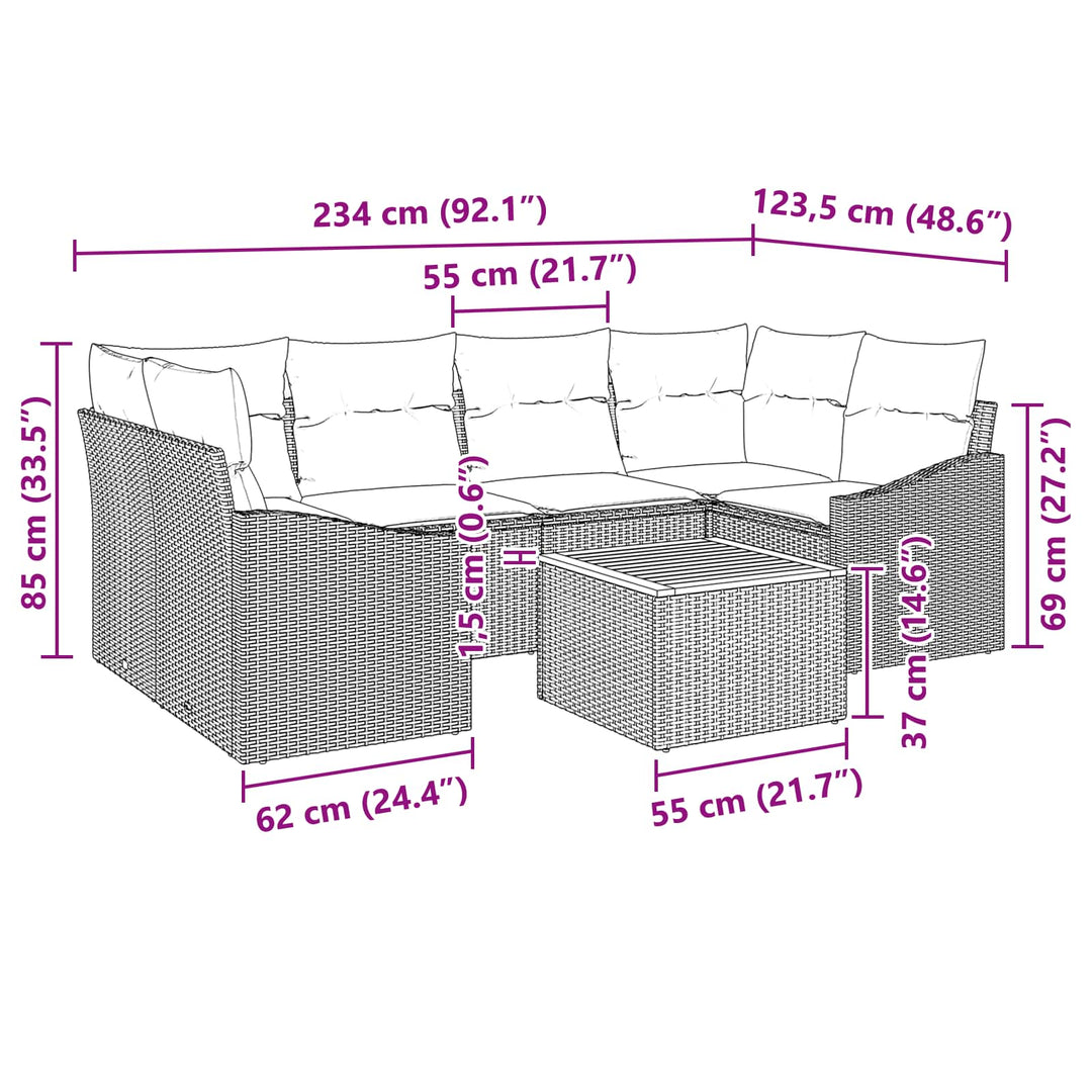 Havesofa Sæt med pude 7 pcs Sort polyrattan