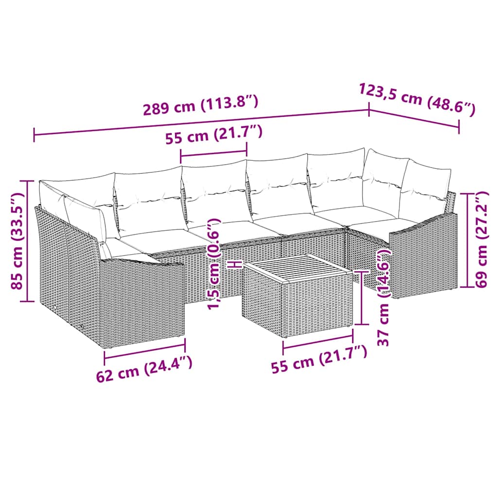 Havesofa Sæt 8 stk. Sort polyrattan