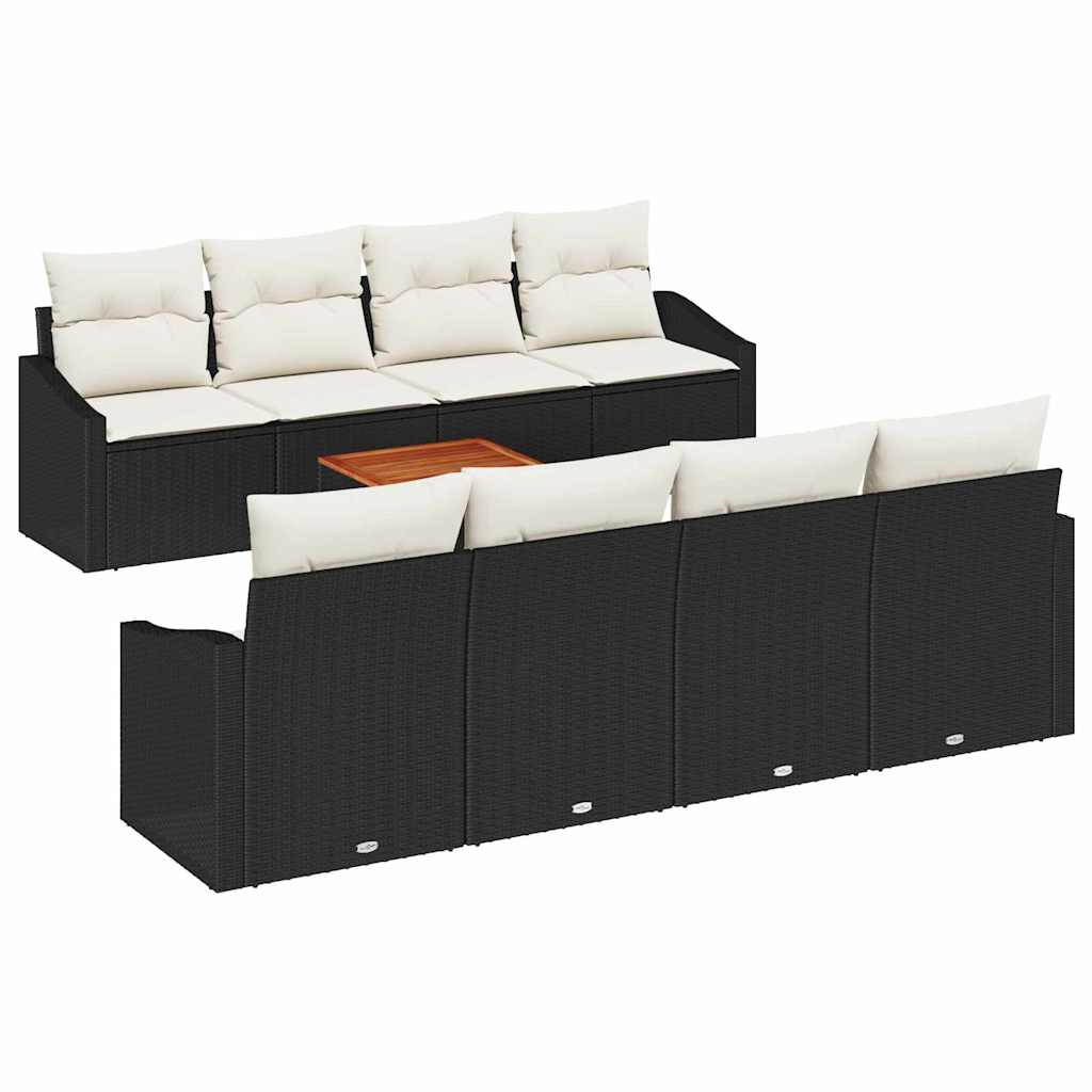 Havesofa Sæt med pude 9 pcs Sort polyrattan