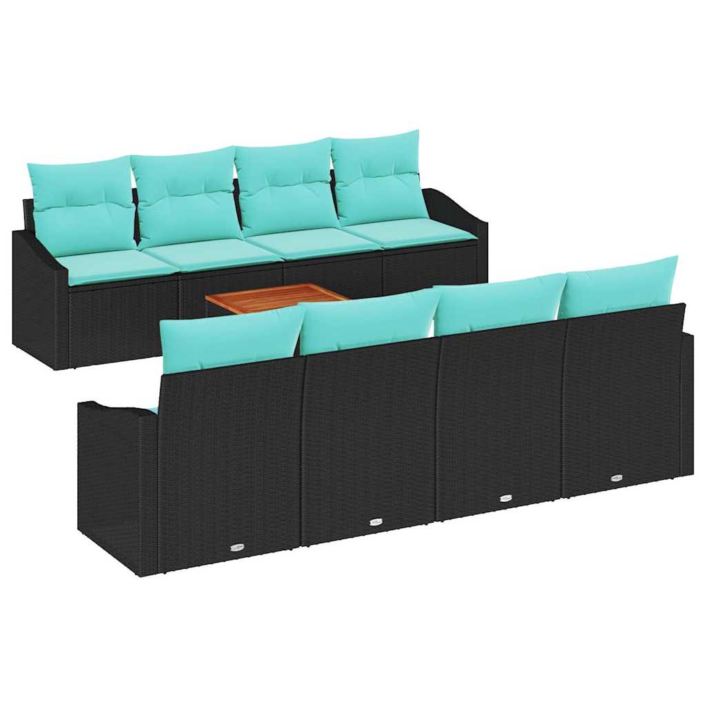 Havesofa Sæt med pude 9 pcs Sort polyrattan